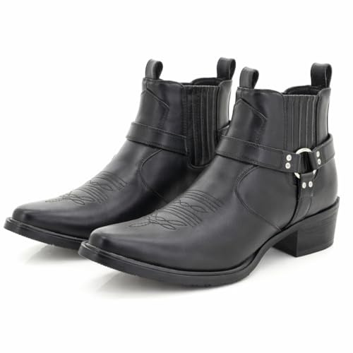ShuCentre Men's Chelsea Ankle Boots | Cowboy Style | Pointed Toe Western Boots with Harness Strap | Cuban Heel & Elastic Side Panels | Pull-On Casual Fashion Boots for Work & Party