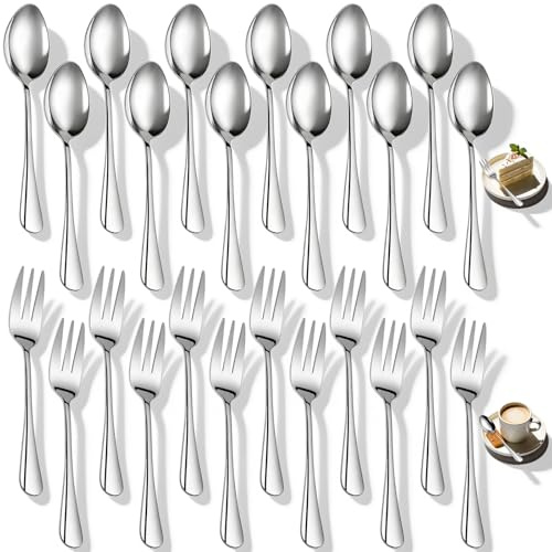 24 Pezzi Set Posate Acciaio Inox, 12 Cucchiaini Caffè & 12 Forchette Dessert, Cucchiai Tè Resistente, Lavabile in Lavastoviglie, Forchettine Dolce per Casa, Ristorante, Cucina, Festa (Argento)