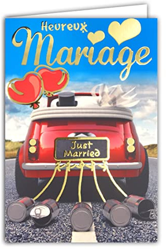 63-1139 Carte Heureux Mariage avec Dorure Or Doré Just Married Voiture rouge décapotable Vive les mariés Ballons Cœurs Bonne Route Voyage de Noces Fabriqué en France 63-1139
