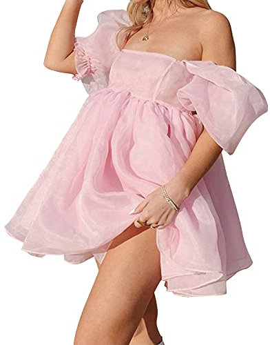 PDYLZWZY Women's Puffy Sleeve Ball Dress Tulle Evening Square Collar Ruffle Princess Prom Mini Dress, Pink, S