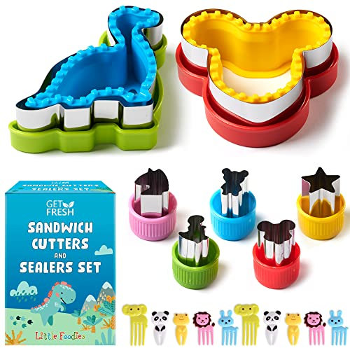 GET FRESH Sandwichschneider und Versiegler für Kinder -17 Stück Kinder Edelstahl Decruster Sandwich Ausstecher Gemüseschneider - Dino Metall Brotschneider und 5 Gemüseformen mit 10 Tiere Zahnstocher