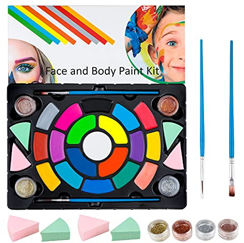 Kinderschminke Set Gesichts-und Körperfarben für Schminke für Kinder und Erwachsene, 19 Schminkfarben (8 Schimmernde Farben), 4 Glitterpuder und 2 Pinsel und 4 Schwämme