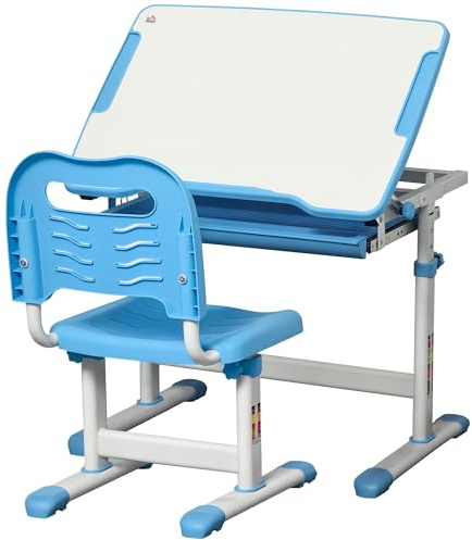 HOMCOM Kids Desk and Chair Set, Height Adjustable Student Writing Desk, Children School Study Table with Tiltable Desktop, Drawer, Pen Slot, Hook - Blue