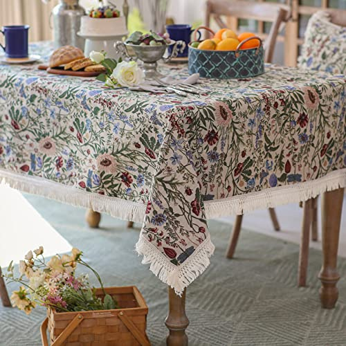 SUTAVIA French Floral Tablecloth Hand-Made Cotton Fabric with Lace Vintage Berry Garden Pattern Tabletop Sofa Cover Blanket for Home Holiday Party Decor (Red Floral, Rectangle, 52x70)