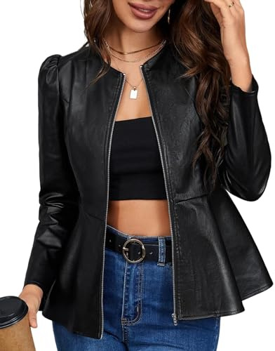 Kedera Womens Faux Leather Jacket Zip Up Puff Sleeve Peplum Coat Long Sleeve Jacket Crew Neck Crop Jacket Outwear