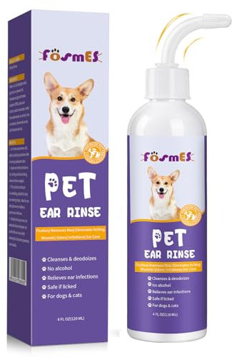 FOSMES Ear Cleaner for Cats and Dogs, Soft Tube Ear Drops Remove Wax Buildup, Relieve Itchy Ears, Prevent Head Shaking and Scratching, Non-Irritating Ear Cleaner Solution for Cats and Dogs (120ml)