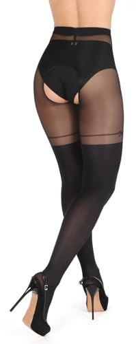 BANANALU Collants overknee 20 deniers sexy ouverts avec entrejambe ouverte et découpes, noir, L