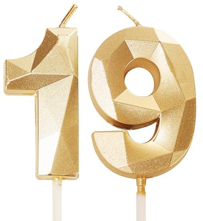 19th Birthday Candles, Gold Number 19 Happy Birthday Candles, Girls Her Boys Him Cake Topper Decorations for 19 Year Old Birthday Party Wedding Anniversary Celebration Supply Gold