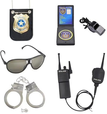 ZUCOS Polizei Kostüm Kinder, Polizist Handschellen Sonnenbrille Abzeichen Detective Cop Swat Rollenspiel Zubehör Halloween Party Kostüm Dress up (A, Medium)