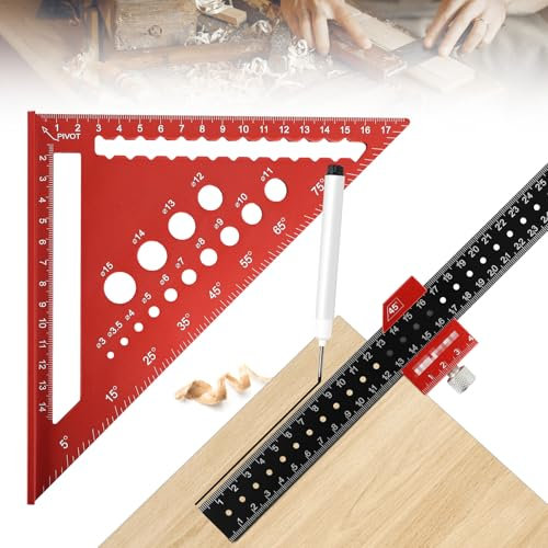 Juego de Escuadras de Carpintero, Escuadra Combinada de 300mm Escuadra de Carpintero Regla Triangular Métrica de Aluminio de 45° y 90° con Marcador de Agujeros Profundos para Carpintería, Bricolaje