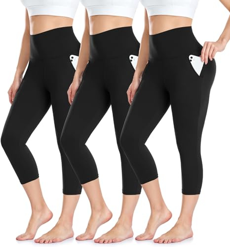 Leggings 3/4 Femme Pantalon de Sport, Jegging Taille Haute Femme Yoga Opaque Doux Capri Leggings avec Poches
