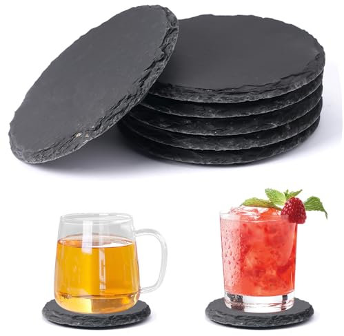 WhizNook 6 Pezzi Sottobicchieri Ardesia, 10 cm Sottobicchieri Rotondi con Gommini, Resistenti al Calore e Antiscivolo
