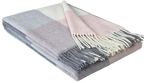 STTS International Cashmere Blanket Wool Blanket 100% Merino Wool - Cashmere - Mix 140 x 200 cm Very Soft Plaid Cuddly Blanket Faro (Pink-Grey/White (Squares)
