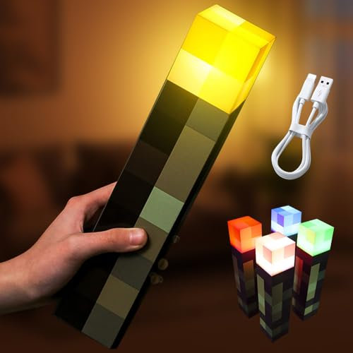 KBIBCK Light-Up Wall Torch Night Light 28 cm, 3D Torch Light, Craft Torchs Lamp with 4 Colors, USB Rechargeable for Bedside Lamp with Flame Effect & Timing, Mini World Lighting Gifts for Boys Girls(B)