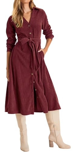 R.Vivimos Autunno Inverno delle Donne Manica Lunga Button Down Midi Vestito V Collo Tie Vita Corduroy Abiti Camicia Lunga con Tasche(M,VinoRosso)