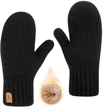 lifwimner Winter Mittens for Women Men, Warm Fleece Lined Gloves Soft Thermal Knitted Wool Gloves for Outdoors Cold Weather (Black)