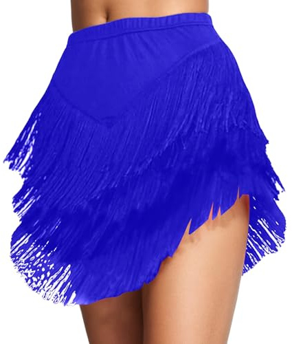 Gonna latina da donna con frange, gonna da ballo boho, asimmetrica, per il tempo libero, feste, per tango cha cha, allenamento, abbigliamento da danza, costume da carnevale, Blu-A., S