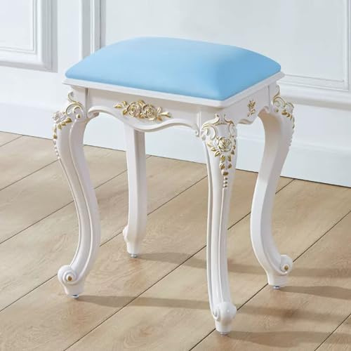 Taburete de tocador de maquillaje vintage, silla de tocador barroca tapizada con patas talladas en ABS, taburete de cosméticos retro, carga máxima de 110 kg, elegante color azul, diseño de patas