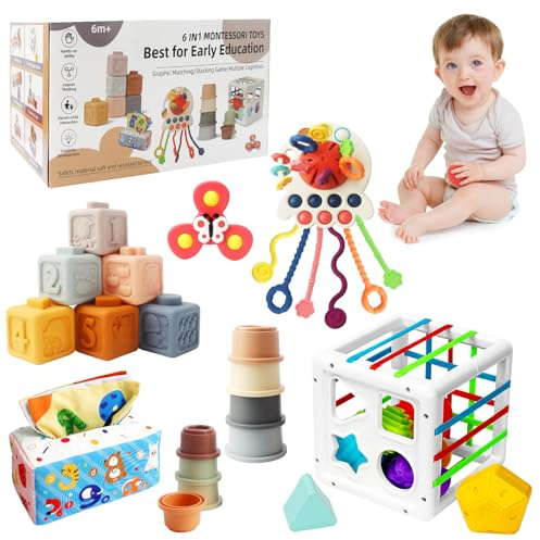 KETIEE Montessori Toys for Babies, 6 in 1 Baby Toys 18 Months+, Baby Sensory Toys Tissue Box Suction Spinners Shape Sorter Activity Cube Stacking Blocks