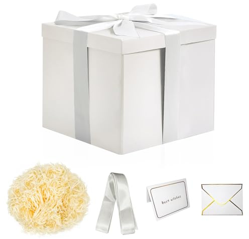 Presentförpackning med lock, 23 x 23 x 19 cm djup presentförpackning, presentförpackning med gratulationskort, kuvert, band, raffia Hamper Shreds, presentlåda, återanvändbar, för årsdagar, alla