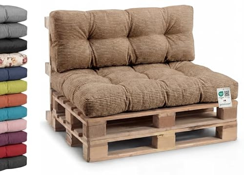 Gutekissen® Palettkudde i corduroy, trädgårdsbänkskudde, vadderad dyna, fylld med PPI granulerat polyuretanskum (sittdyna 120 x 80 cm, ljusbrun gard)