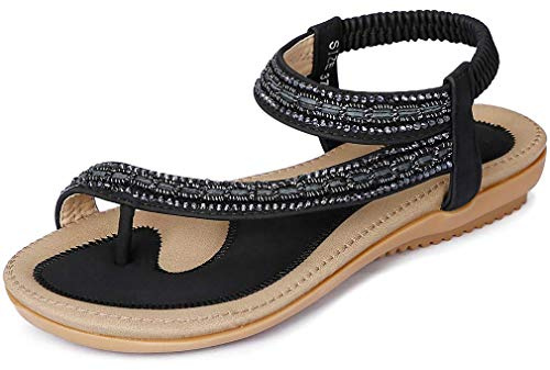 Amissz Sandales Femmes Plates Été Chaussures éLastiques Plage BohèMe Strass Fleurs Femme Confortable PU Tongs Orteils SéParateurs