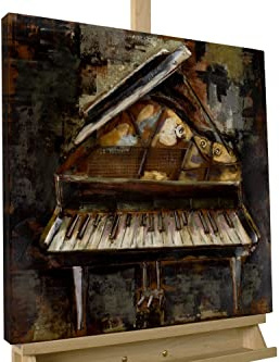 KunstLoft Metallbild 3D | 100% HANDGEFERTIGT | 60x60x4,5cm | Wandbild Metall Deko 'Harmonische Klänge' | Klavier | Weiß Braun | Metall Wanddeko Wohnzimmer