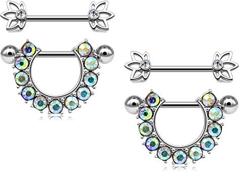 Mayhoop 4Piezas 14G Piercing Pezón Anillos de Pezón Acero quirúrgico con Circón Barbells Plata Piercing Joyería