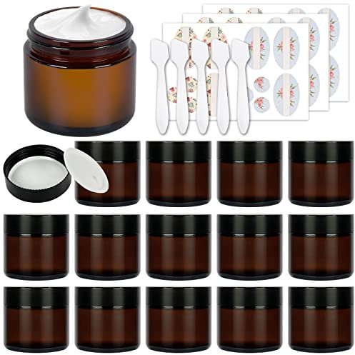 2 oz 60 ml Round Amber Glass Jars 15 Pack, Empty Cosmetic Container, Face Cream Lotion Storage Jars with White Inner Liners and Black Lids