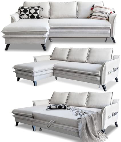 MIUFORM Charming Charlie mit Bettkasten und mit Bettfunktion | 4 Sitzer Sofa | L-form links | 228 x 150 x 90cm | Klappsofa mit Schlaffunktion | Schlafsofa klappbar (Beige)