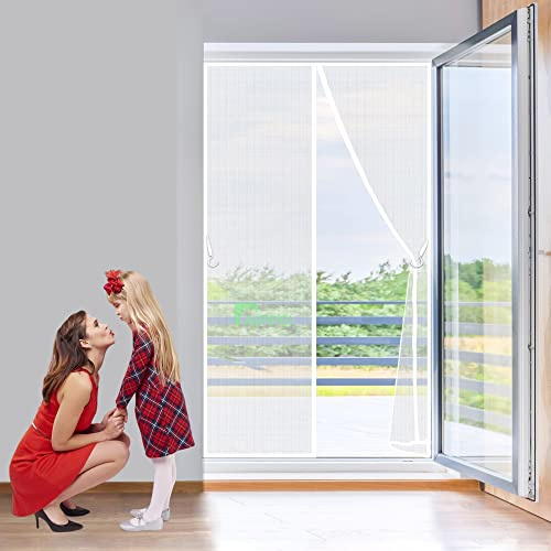 Myggnätsdörr 90x240 cm Magnetisk insektsdörr, nätgardin för uteplats, balkong, vardagsrum, lätt att installera, utan att borra, 2023-Version, Vit