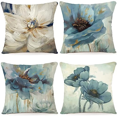 ZWJD Blumen Kissenbezug 40x40 4er Set Outdoor Kissen Dekokissen Leinen Kissenhülle Kissenbezüge Moderne Abstrakte Blumen Kissenhüllen für Sofa Wohnzimmer Zierkissen 40x40 A202-16