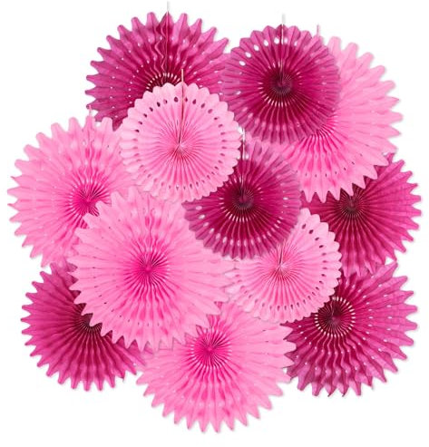 SUNBEAUTY 12Pcs Rosy Pink Paper Fans Set Pink Party Decorations Hanging Birthday Party Decoration Summer Floral Blossom Honeycomb Decor for Gril Women Birthday Wall Ceiling Wedding Baby Shower