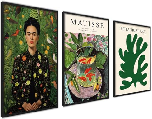 Modernt affischset | 3 stycken DINA4 21 x 30 cm | Snygg Matisse Frida Botanik grön affisch collage med matchande bilder som väggdekoration | utan ram