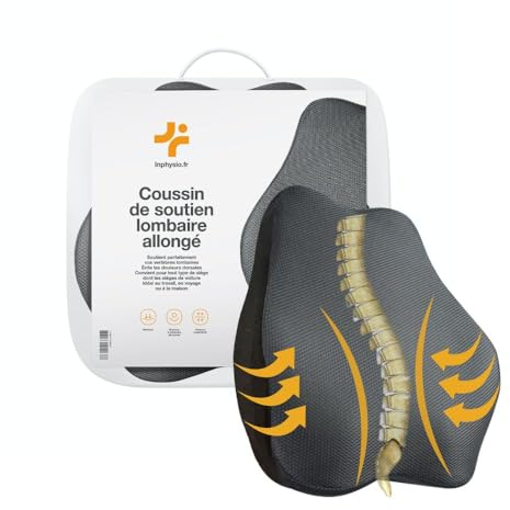 Inphysio Cojín de Apoyo Lumbar Alargado de Espuma Viscoelástica para Coche, Oficina, Viajes - Cojín Ergonómico con Tecnología de Refrigeración y Correas Ajustables - 45x41x10,5 cm