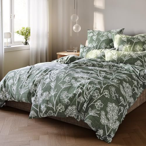 Pure Label Blumen Bettwäsche 4teilig 135x200 cm mit einem 2er Set Kissenbezüge 40x80 cm - Traumhaft weiches Bettwäsche-Sets 135 x 200 cm in grün aus 100% Baumwolle mit YKK Reißverschluss