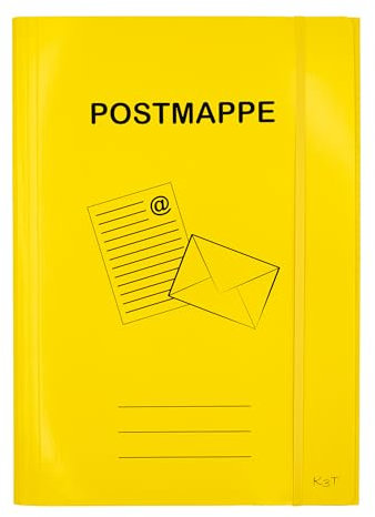 K3T Postmappe DIN A4 aus stabilem Karton, Farbe gelb, mit breitem Gummizug und 3 Innenklappen