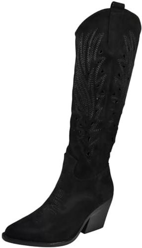 LoudLook Ladies Western Cowboy Boots Below Knee Zip Heel Faux Suede Pointed Toe Winter Shoes Sizes Black 3