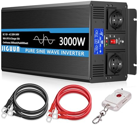 JIGUUN 3000W Wechselrichter Reiner Sinus Spannungswandler 12v 230v Mit 30A-Ladegerät und Netzvorrangschaltung und USV, 2 EU Steckdosen，Kabellose Fernbedienung und LCD-Anzeige