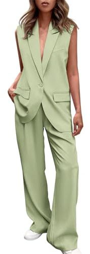 Keepink Ensemble gilet et pantalon 2 pièces pour femme avec col en V, sans manches, boutonné, pantalon large et blazer, ensemble d'été assorti en coton et lin, XL