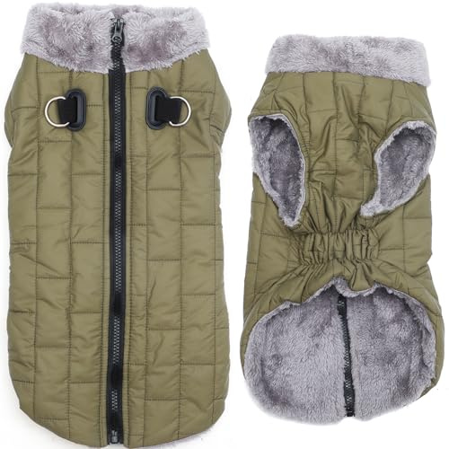 JoyDaog Warm Fleece Dog Coats with Durable Harness Buitl in D-Ring,Waterproof Puppy Jacket for Small Dogs,Dog Vest for Cold Winter,Green M