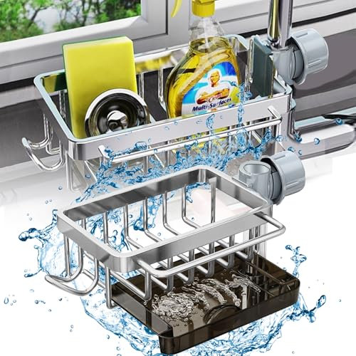 Porte-Éponge Evier Cuisine, Organiseur D'évier Suspendu en Aluminium, Étagère de Robinet avec Organisateur d'évier Support de Rangement pour Robinet pour Cuisine et Salle de Bain (Argent)