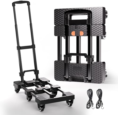 Voipvvii Folding Hand Truck 500lbs, Portable Heavy Duty Dolly Cart, 6 Wheels Collapsible Luggage Cart with 2 Elastic Ropes - Compact Trolley for Easy Moving - Ideal Hand Cart for Travel and More