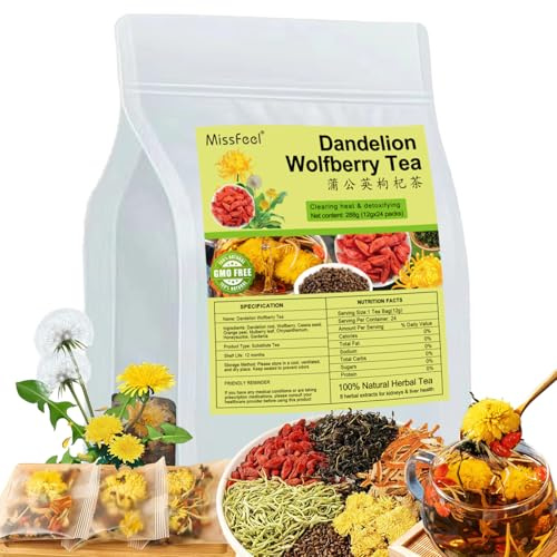 Dandelion Wolfberry Tea, 24 Pcs Natural Kidney& Liver Detox Tea, 8 Chinese Herbal Ingredients Blend, Dandelion Wolfberry Organic, Cassia seed, Chrysanthemum, Honeysuckle (288g (12gx24 packs)