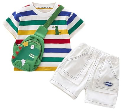 HEOXIN Set di Vestiti per Neonati Maschi con Maglietta a Righe + Pantaloncini + Borsa con Dinosauro, Maglietta a Maniche Corte con Dinosauro e Pantaloni, Completo da Tuta per 4-5 Anni, Verde