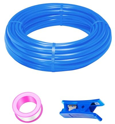 Tubo pneumatico in PU blu HUAZIZ 20M, tubo pneumatico in poliuretano, tubo flessibile per aria compressa, esterno 10mm x interno 6,5 mm + 1pezzo di tagliatubi blu + 1pezzo di nastro in teflon rosa