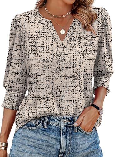 Aokosor Womens 3/4 Sleeve Tops Ladies Blouses V Neck T Shirts Puff Sleeve Tunic Curved Hem Office Wear Size 18-20 Beige Black Print