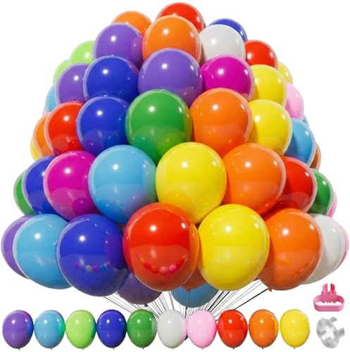 Paquete fuerte de 100 globos de látex coloridos, globos grandes de látex natural para fiestas de cumpleaños de niños, bodas, aniversarios, uso de helio o aire, colores mezclados (100 unidades)