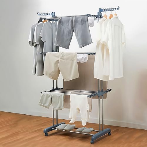 Étendoir vertical pliable Innova 3 niveaux, 6 ailes pliantes, 24 barres, 2 supports (jusqu'à 14 cintres), 36 crochets intégrés. Roues à 360° avec verrouillage. Jusqu'à 40 kg de vêtements / 17 m