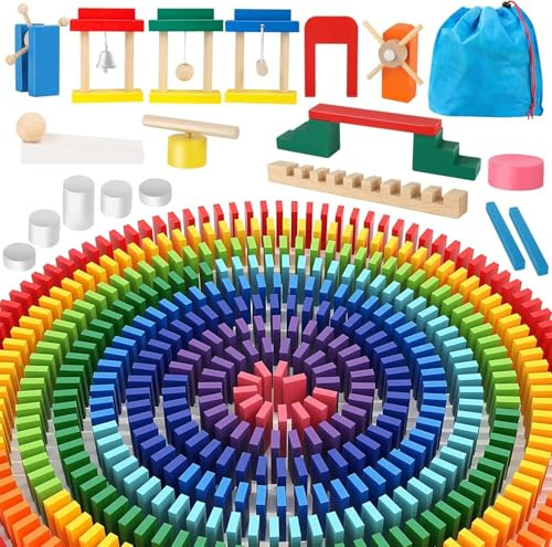 Herefun Domino Madera Juego de Bloques, Juego de Fichas de Dominó de Madera con Bolsa, 24 Bloques de Construcción, Juguete Educativo para Niños 3 4 5 (1000)